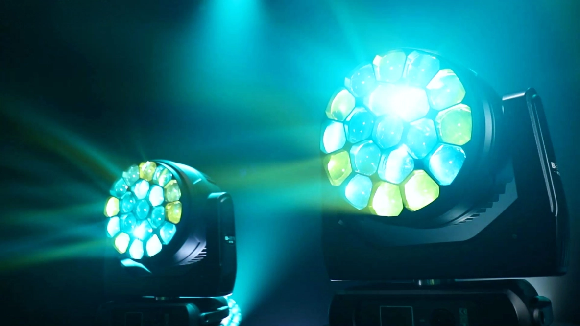 GML B-EYE 1940 LED Moving Head — stage performance, two fixtures in cyan wash mode
